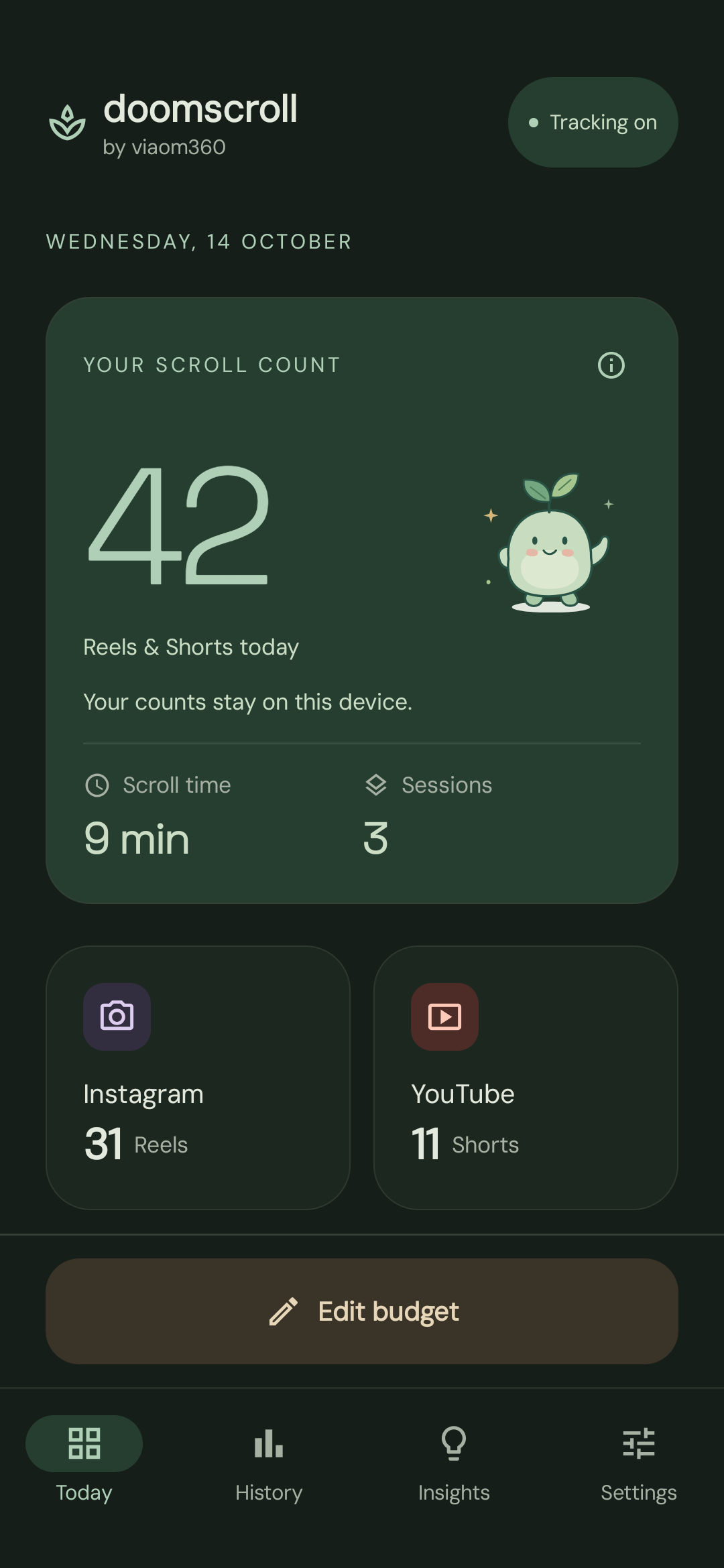 Quit DoomScroll in dark mode, showing today's Reels and Shorts counts, a daily budget and an Edit budget button